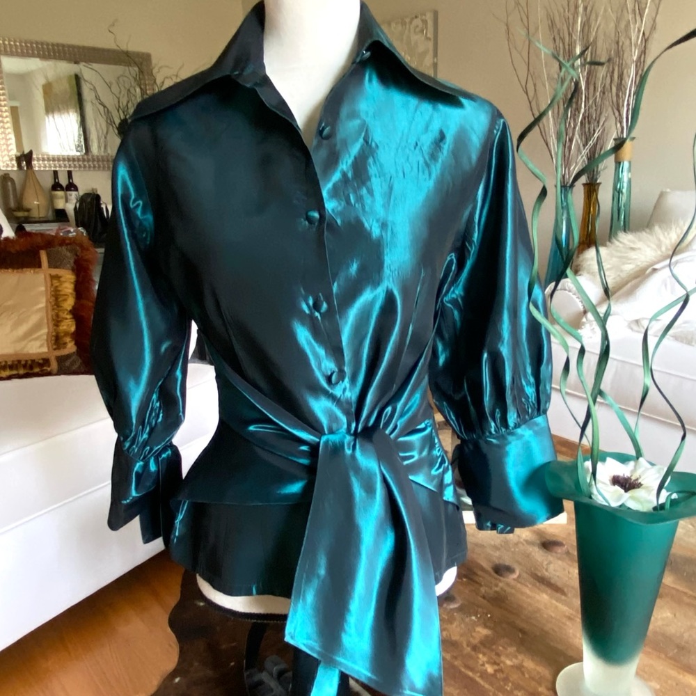 KEVAN HALL 💕Couture Designer. BEAUTIFUL Rich Emerald Green / Teal Blouse 💕8 🌸